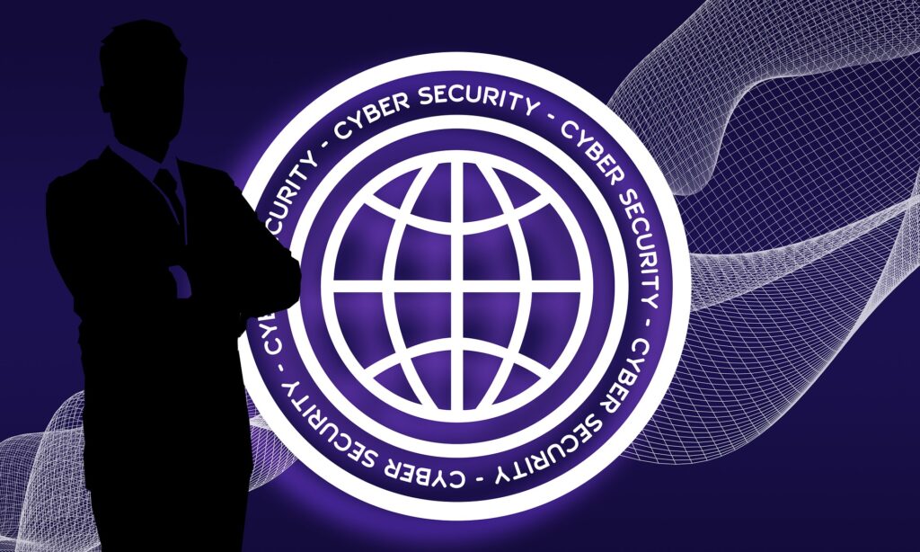 Silhouette of man in front of purple background with white circle that reads "cyber security".
