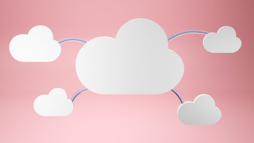 Graphic of a white cloud connecting to four smaller white clouds on a pink background.